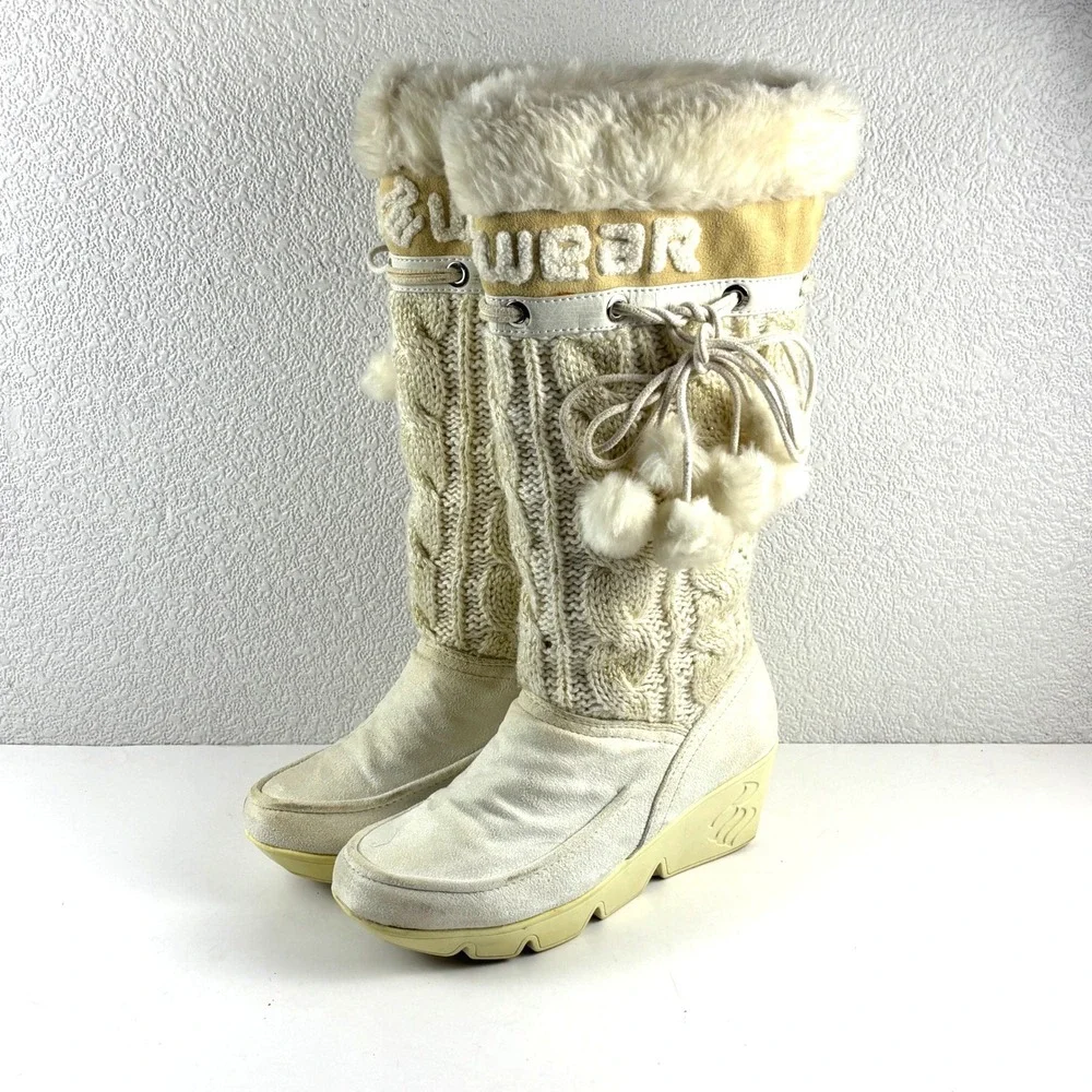 Vtg Rocawear Nadina Wedge Winter Boots Womens 7 Cream Cable Knit Faux Fur Y2K